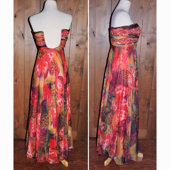 Frenchy by Heather French Henry Colorful Boho Strapless Chiffon Maxi Gown - Picture 6 of 7